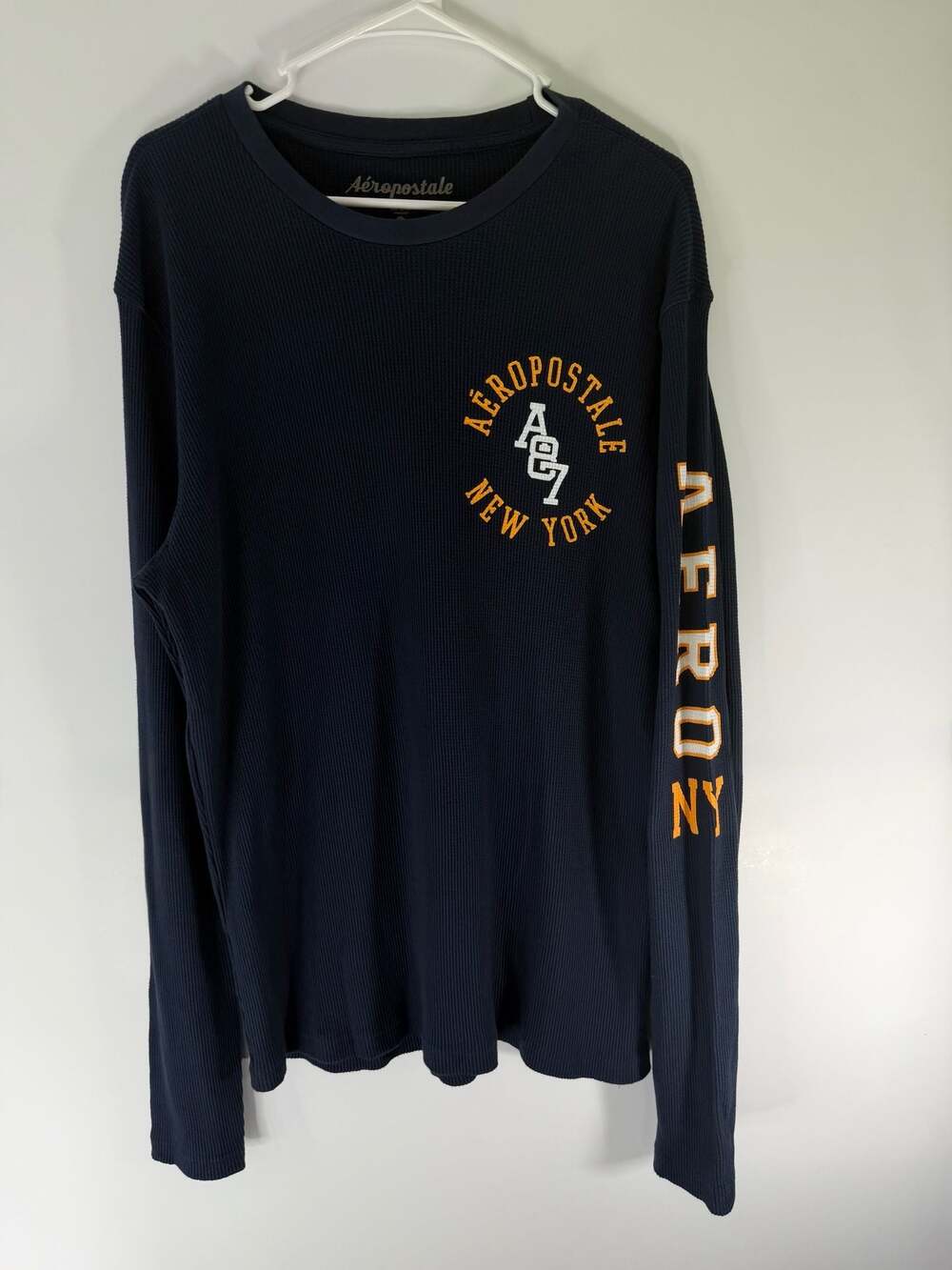 Aeropostale Men's Navy Blue Waffle Knit Long Sleeve Shirt with A87 Logo